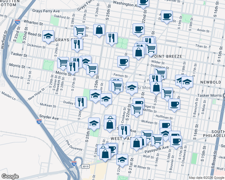 map of restaurants, bars, coffee shops, grocery stores, and more near 2328 Moore Street in Philadelphia