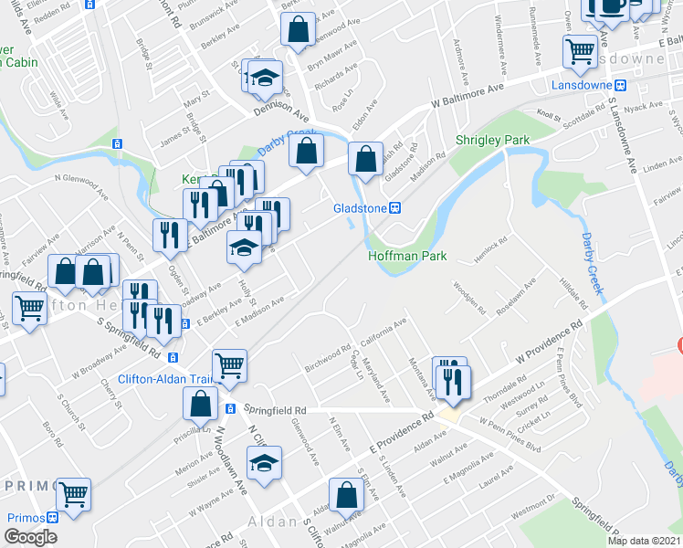 map of restaurants, bars, coffee shops, grocery stores, and more near 219 East Maryland Avenue in Aldan