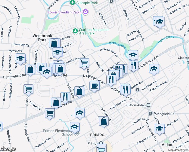 map of restaurants, bars, coffee shops, grocery stores, and more near 66 North Sycamore Avenue in Clifton Heights
