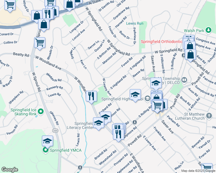 map of restaurants, bars, coffee shops, grocery stores, and more near 285 South Highland Road in Springfield