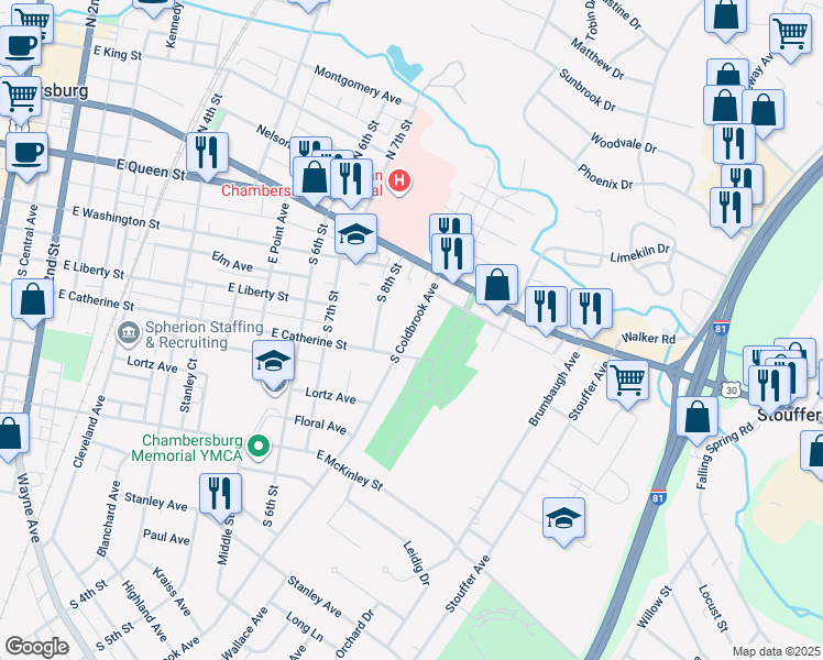 map of restaurants, bars, coffee shops, grocery stores, and more near 214 South Coldbrook Avenue in Chambersburg