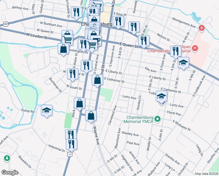 map of restaurants, bars, coffee shops, grocery stores, and more near 498 South 2nd Street in Chambersburg