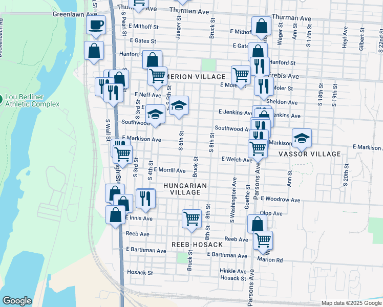 map of restaurants, bars, coffee shops, grocery stores, and more near 1604 Bruck Street in Columbus