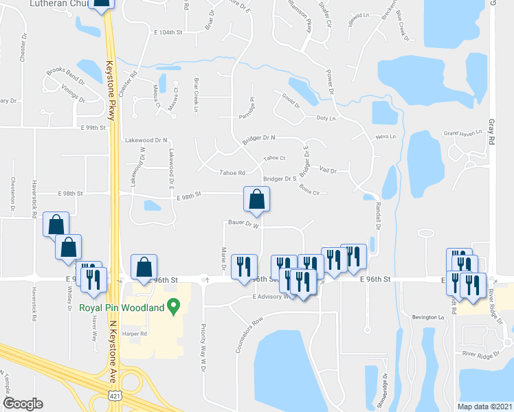 map of restaurants, bars, coffee shops, grocery stores, and more near 9730 Lakeshore Drive East in Indianapolis