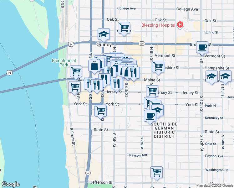 map of restaurants, bars, coffee shops, grocery stores, and more near 221 S 5th St in Quincy