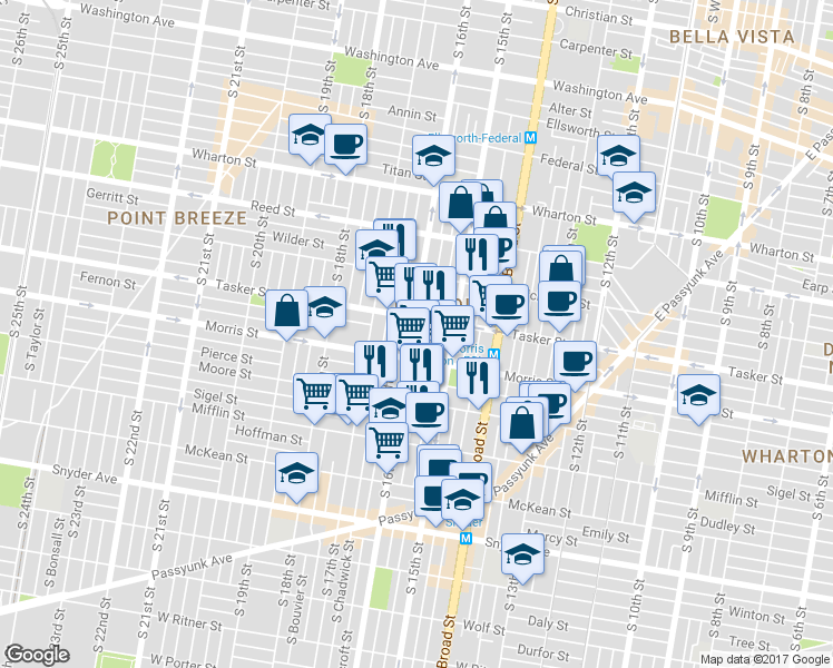 map of restaurants, bars, coffee shops, grocery stores, and more near 1621 South 16th Street in Philadelphia