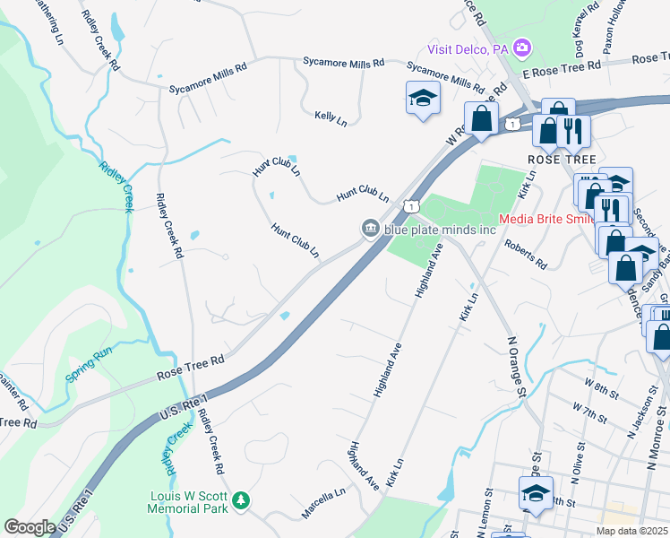map of restaurants, bars, coffee shops, grocery stores, and more near 280 West Rose Tree Road in Media
