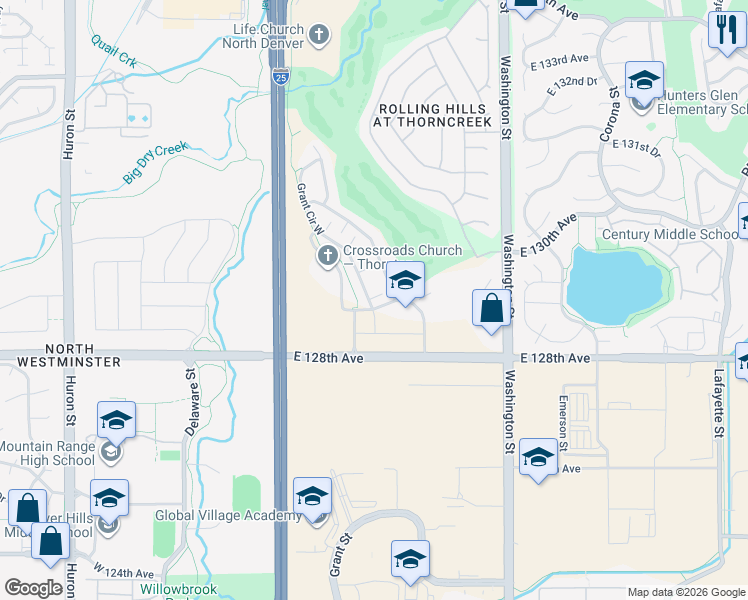 map of restaurants, bars, coffee shops, grocery stores, and more near 12900 Grant Circle West in Thornton