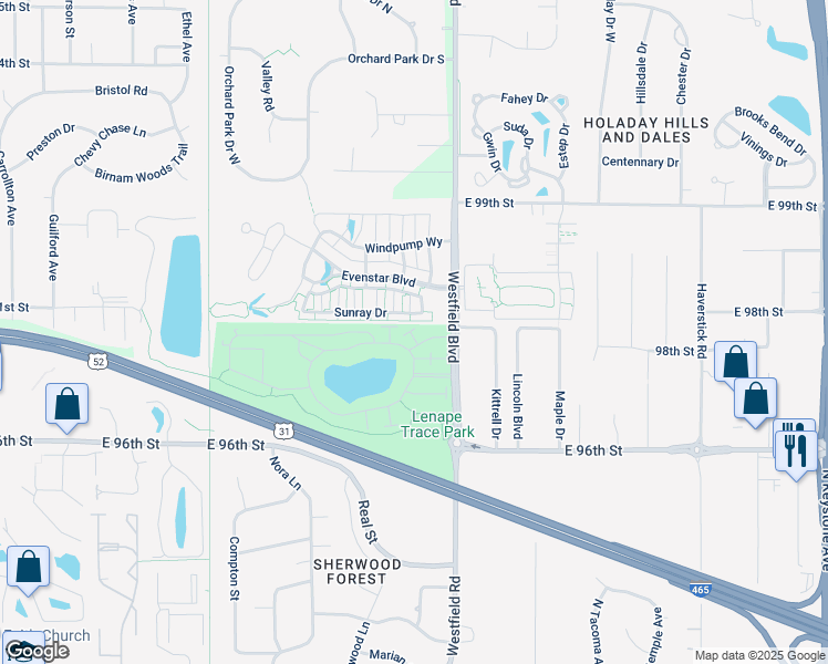 map of restaurants, bars, coffee shops, grocery stores, and more near 9765 San Marco Pass in Indianapolis