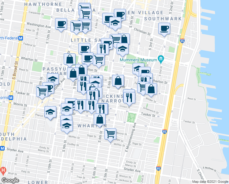map of restaurants, bars, coffee shops, grocery stores, and more near 521 Wilder Street in Philadelphia