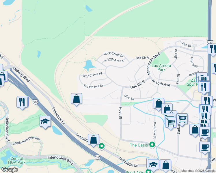 map of restaurants, bars, coffee shops, grocery stores, and more near 3214 West 11th Avenue Drive in Broomfield