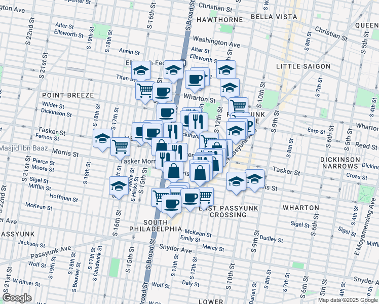map of restaurants, bars, coffee shops, grocery stores, and more near 1303 Tasker Street in Philadelphia