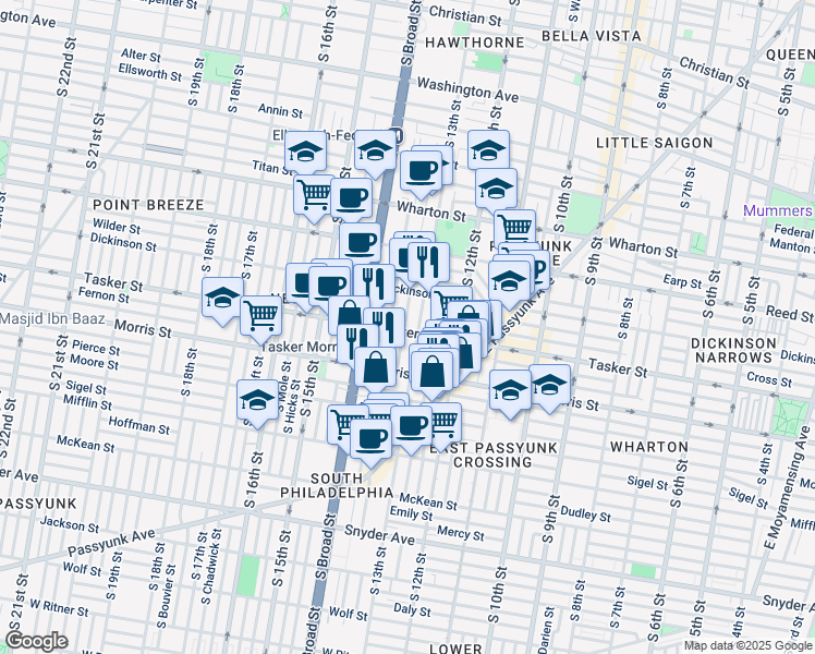 map of restaurants, bars, coffee shops, grocery stores, and more near 1305 Tasker Street in Philadelphia