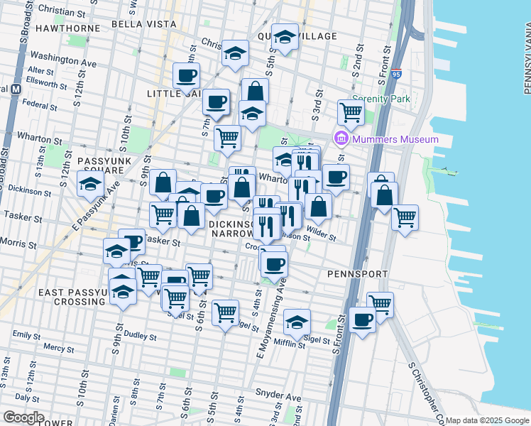 map of restaurants, bars, coffee shops, grocery stores, and more near 1429 South 4th Street in Philadelphia