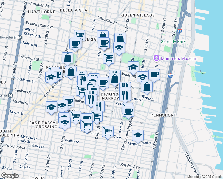 map of restaurants, bars, coffee shops, grocery stores, and more near 521 Wilder Street in Philadelphia