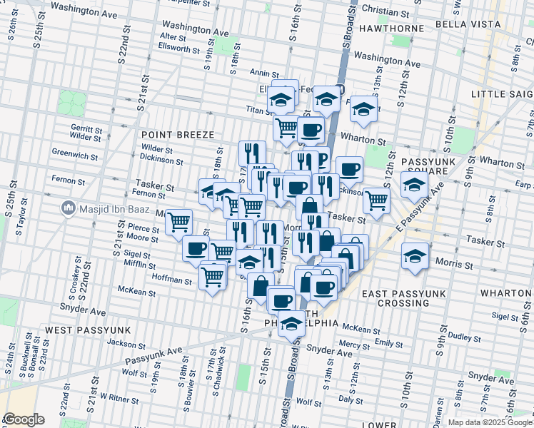 map of restaurants, bars, coffee shops, grocery stores, and more near 1619 South 16th Street in Philadelphia