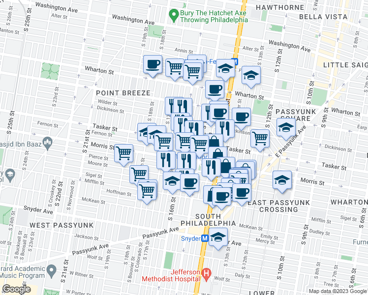 map of restaurants, bars, coffee shops, grocery stores, and more near 1619 South 16th Street in Philadelphia