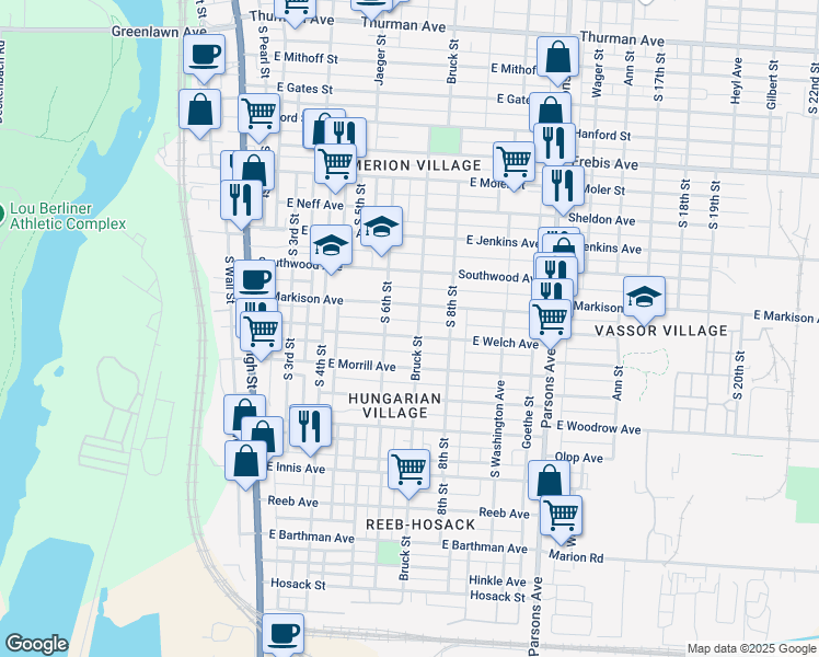 map of restaurants, bars, coffee shops, grocery stores, and more near 1604 Bruck Street in Columbus