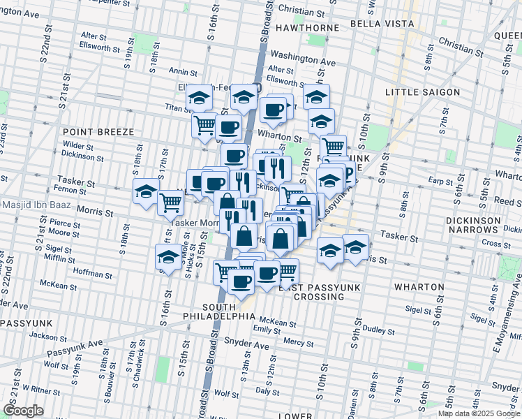 map of restaurants, bars, coffee shops, grocery stores, and more near 1309 Tasker Street in Philadelphia