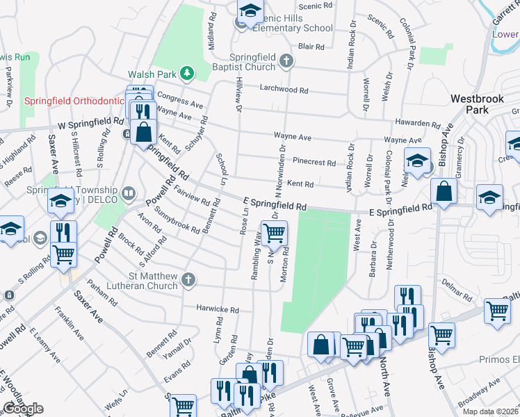 map of restaurants, bars, coffee shops, grocery stores, and more near 22 South Norwinden Drive in Springfield