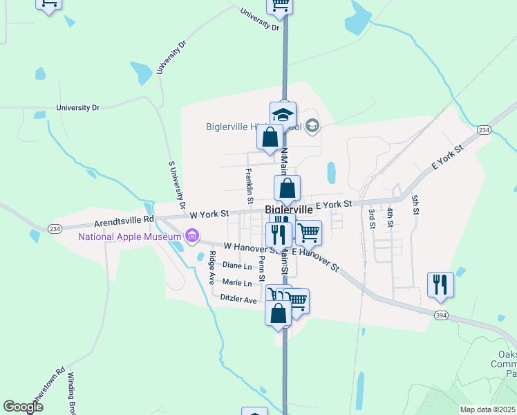 map of restaurants, bars, coffee shops, grocery stores, and more near 75 West York Street in Biglerville