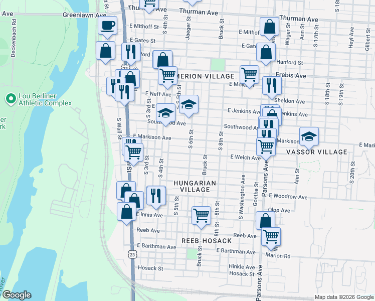 map of restaurants, bars, coffee shops, grocery stores, and more near 1600 South 6th Street in Columbus