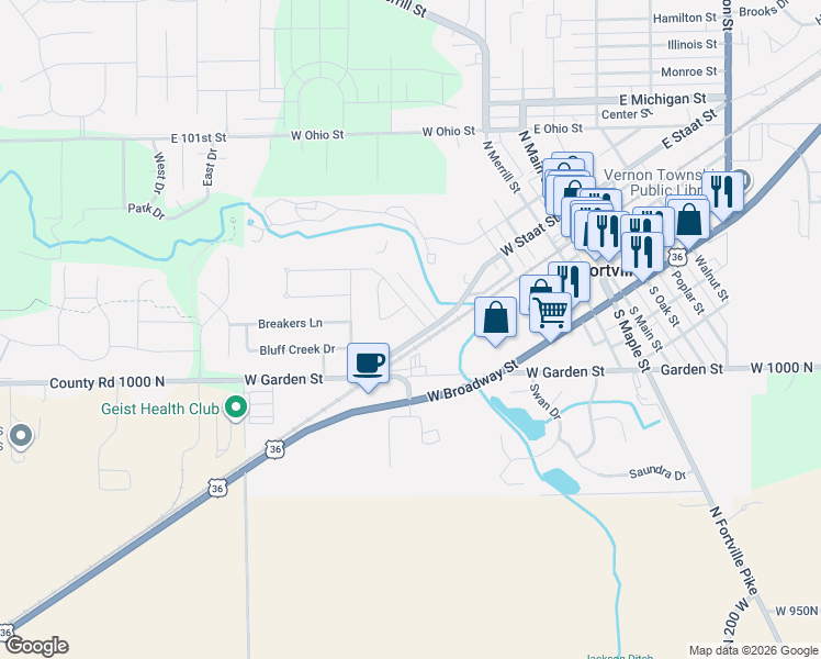 map of restaurants, bars, coffee shops, grocery stores, and more near 601 West Garden Street in Fortville