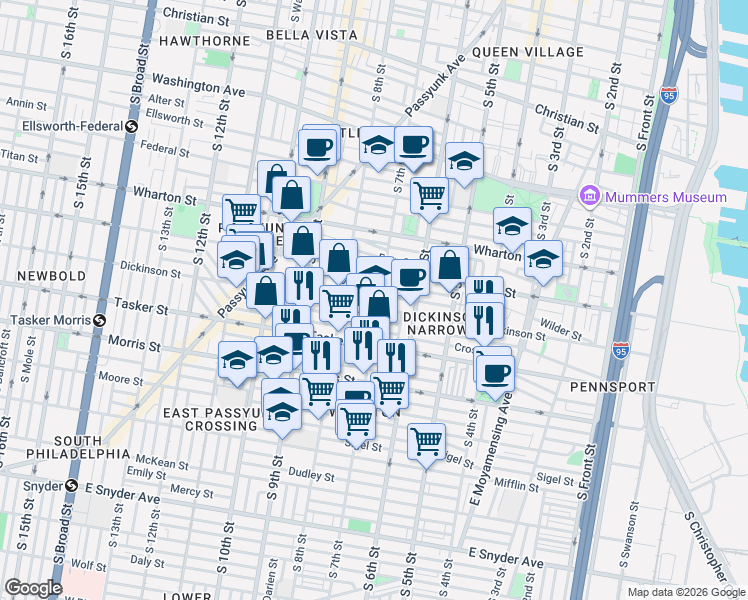 map of restaurants, bars, coffee shops, grocery stores, and more near 1444 South 7th Street in Philadelphia