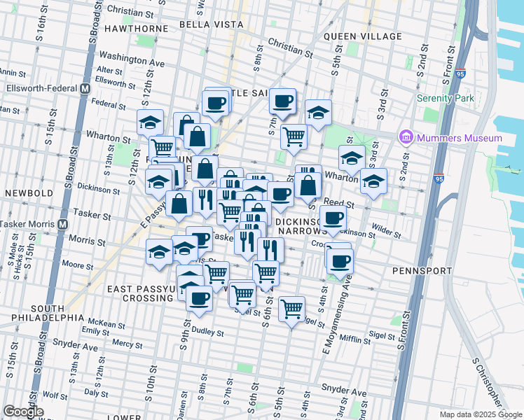 map of restaurants, bars, coffee shops, grocery stores, and more near 1439 South 7th Street in Philadelphia