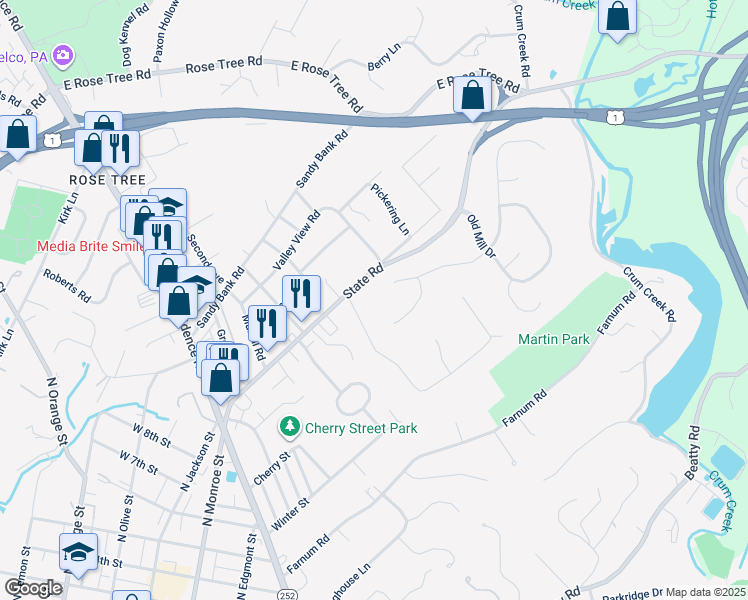 map of restaurants, bars, coffee shops, grocery stores, and more near 54 Bobbin Mill Road in Media