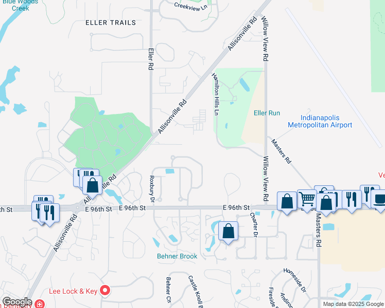 map of restaurants, bars, coffee shops, grocery stores, and more near 9804 River oak Lane North in Fishers