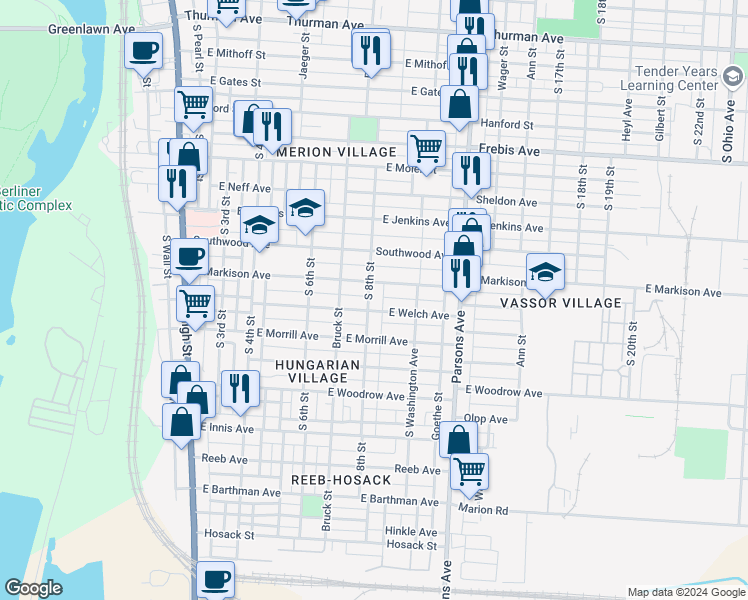 map of restaurants, bars, coffee shops, grocery stores, and more near 1586 South 8th Street in Columbus