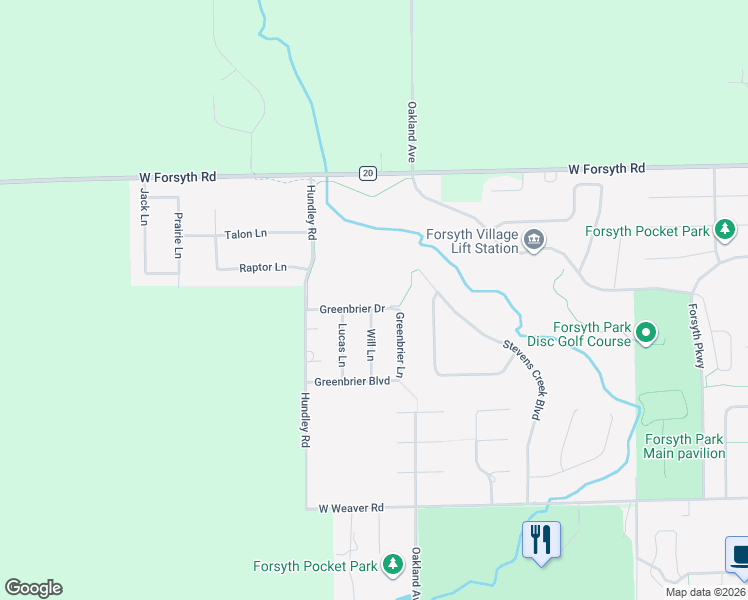 map of restaurants, bars, coffee shops, grocery stores, and more near 1090 Greenbrier Drive in Forsyth