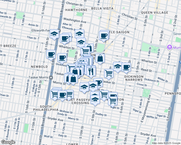 map of restaurants, bars, coffee shops, grocery stores, and more near 1512 South 10th Street in Philadelphia