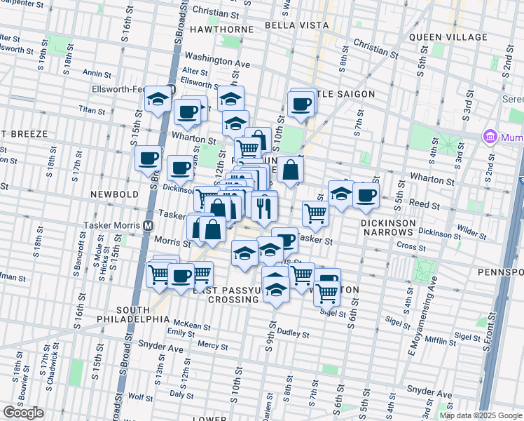 map of restaurants, bars, coffee shops, grocery stores, and more near 1512 South 10th Street in Philadelphia