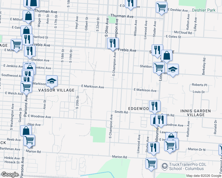 map of restaurants, bars, coffee shops, grocery stores, and more near 865 East Markison Avenue in Columbus