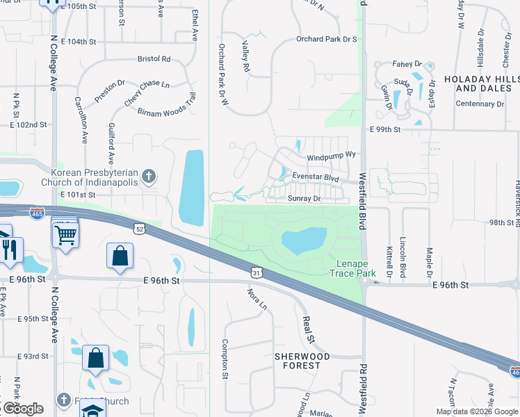 map of restaurants, bars, coffee shops, grocery stores, and more near 9710 Rialto Trail in Indianapolis