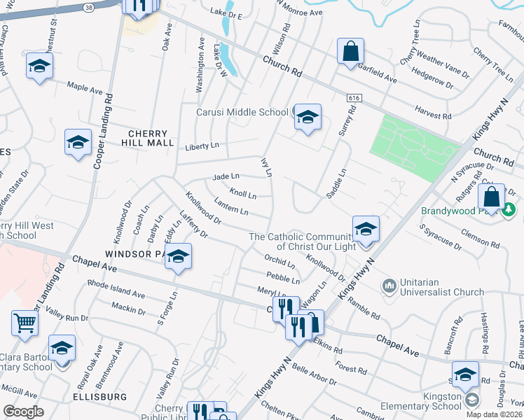 map of restaurants, bars, coffee shops, grocery stores, and more near 53 Ivy Lane in Cherry Hill