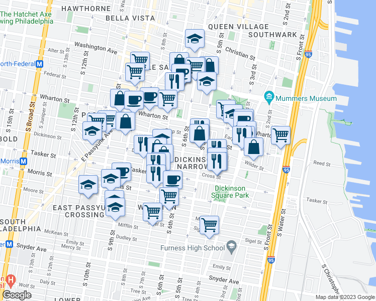 map of restaurants, bars, coffee shops, grocery stores, and more near 541 Wilder Street in Philadelphia