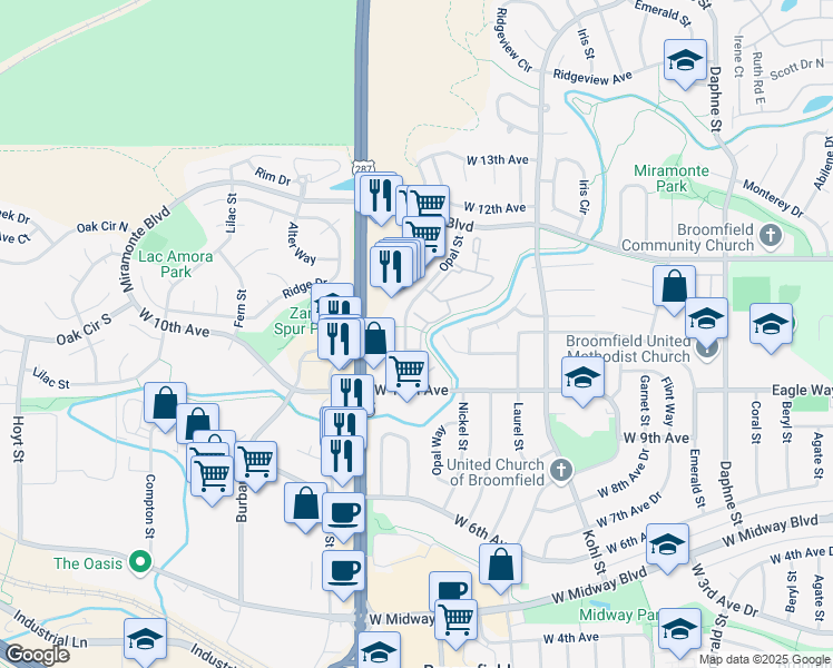 map of restaurants, bars, coffee shops, grocery stores, and more near 1050 Opal Street in Broomfield