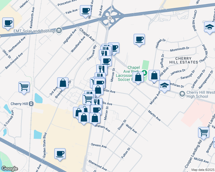 map of restaurants, bars, coffee shops, grocery stores, and more near 629 Mercer Street in Cherry Hill