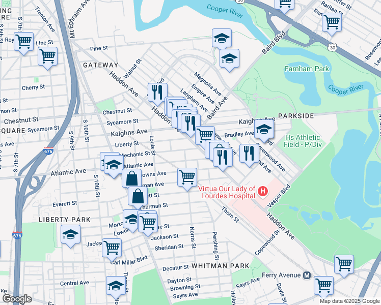 map of restaurants, bars, coffee shops, grocery stores, and more near 1427 Norris Street in Camden