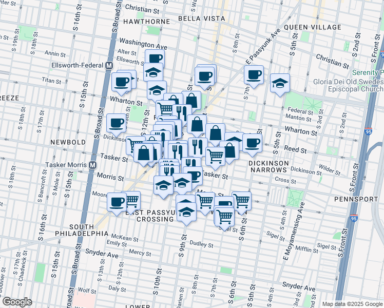 map of restaurants, bars, coffee shops, grocery stores, and more near 911 Cross Street in Philadelphia