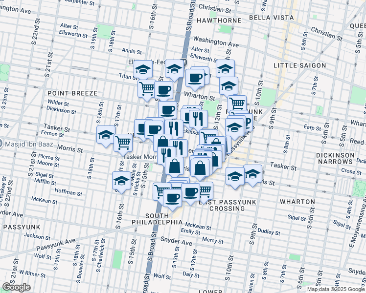 map of restaurants, bars, coffee shops, grocery stores, and more near 1321 Tasker Street in Philadelphia