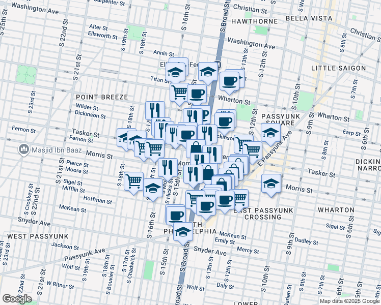 map of restaurants, bars, coffee shops, grocery stores, and more near 1627 South Carlisle Street in Philadelphia