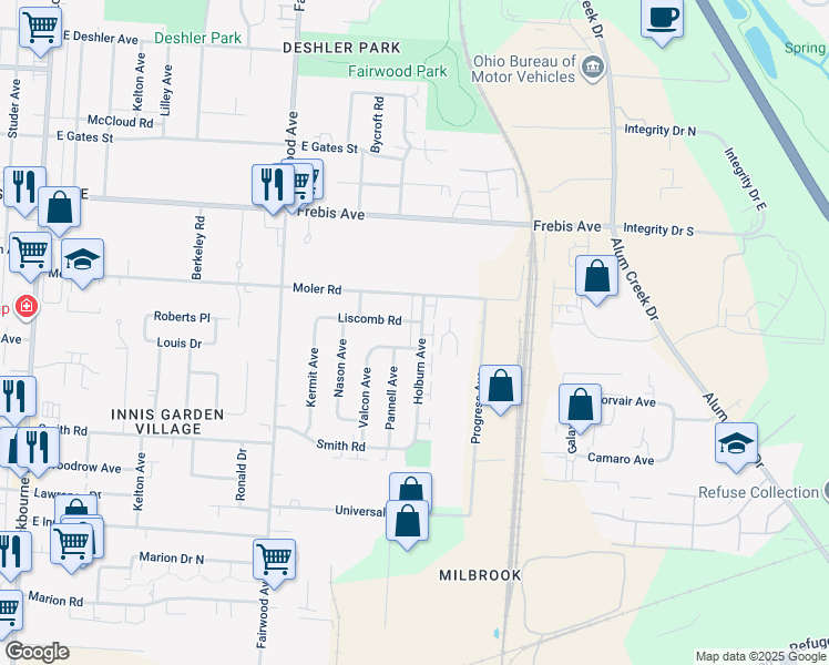map of restaurants, bars, coffee shops, grocery stores, and more near 1817 Holburn Avenue in Columbus