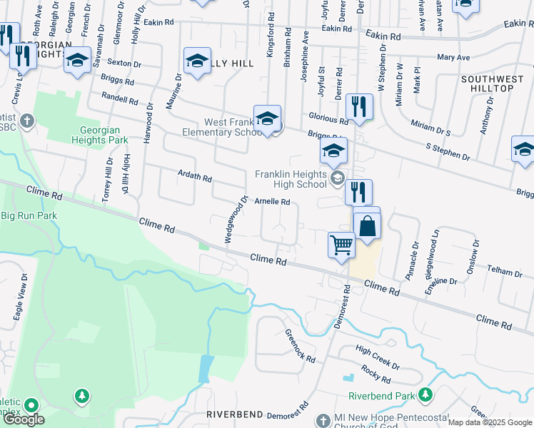 map of restaurants, bars, coffee shops, grocery stores, and more near 1150 Mccarley Drive West in Columbus