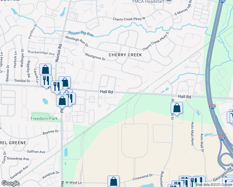 map of restaurants, bars, coffee shops, grocery stores, and more near 5055 Hall Road in Columbus