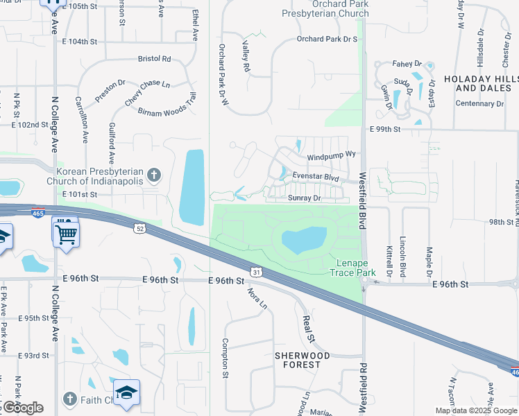 map of restaurants, bars, coffee shops, grocery stores, and more near 9710 Rialto Trail in Indianapolis