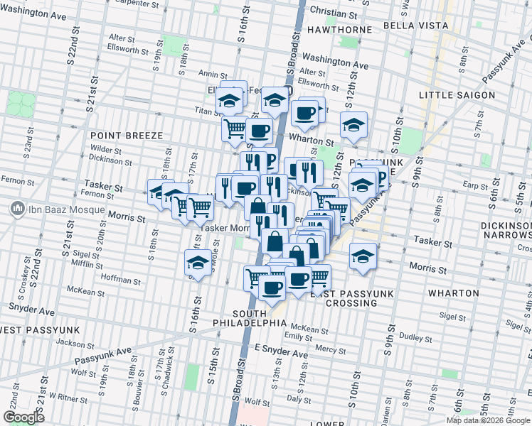 map of restaurants, bars, coffee shops, grocery stores, and more near in Philadelphia